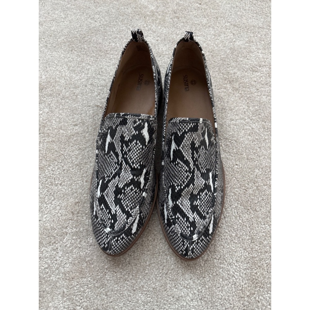 Susina Womens Snakeskin Print Pointed Toe Loafers Black White Size 10M